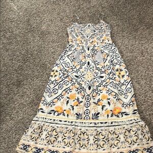 White and Yellow Floral Maxi Dress with Navy Scroll Print